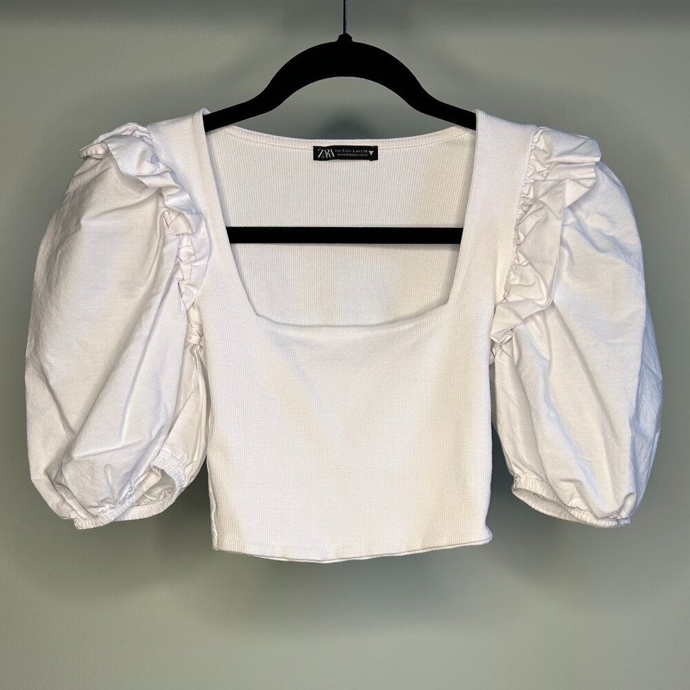 Zara White Crop Top Puffy Sleeve Square Neckline